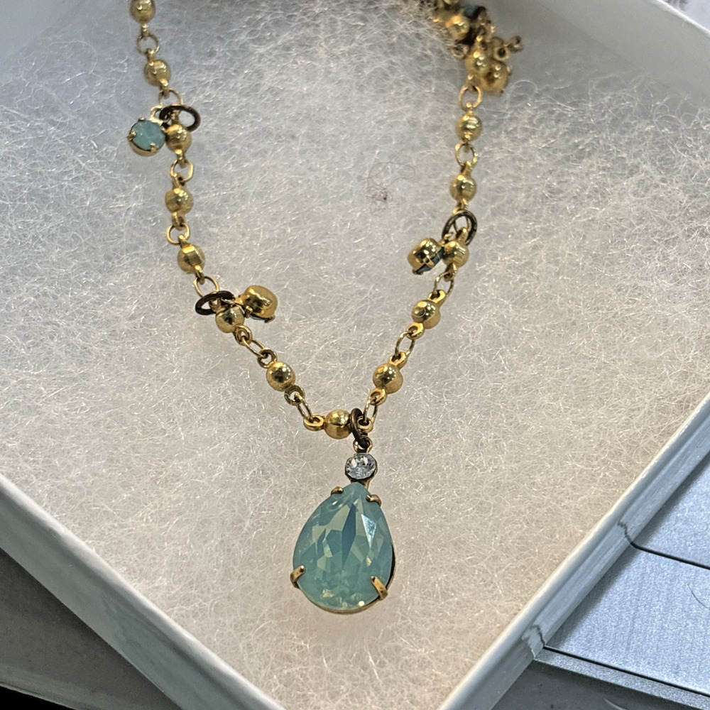 Vintage Clara Beau Gold Chain Necklace Blue Green Faceted Glass Teardrop Pendant
